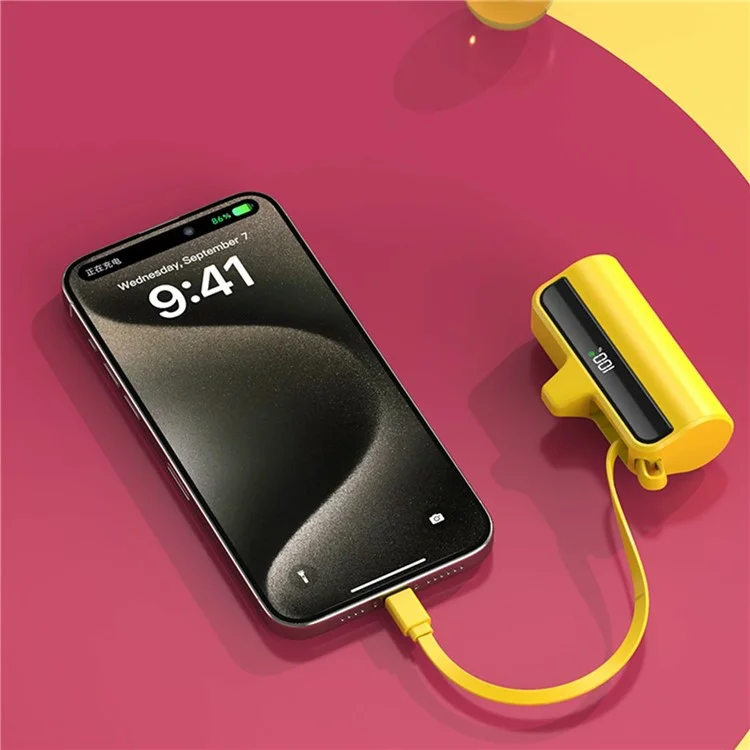 K178SS 5000mAh 22.5W Mini Power Bank 8-Pin Plug Cellphone Charger with Type-C Cable - Yellow