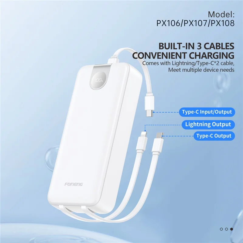 FONENG PX107 20000mAh PD 22.5W Fast Charging Portable Power Bank Built-In with 3 Cables - White
