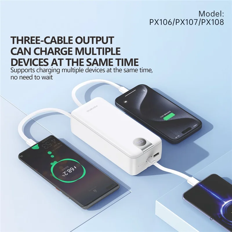 FONENG PX107 20000mAh PD 22.5W Fast Charging Portable Power Bank Built-In with 3 Cables - White