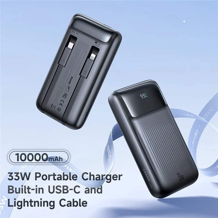MCDODO MC-0231 Youth Series 33W 10000mAh Power Bank con display digitale, cavo integrato Type-C + 8Pin per carica del telefono - Nero