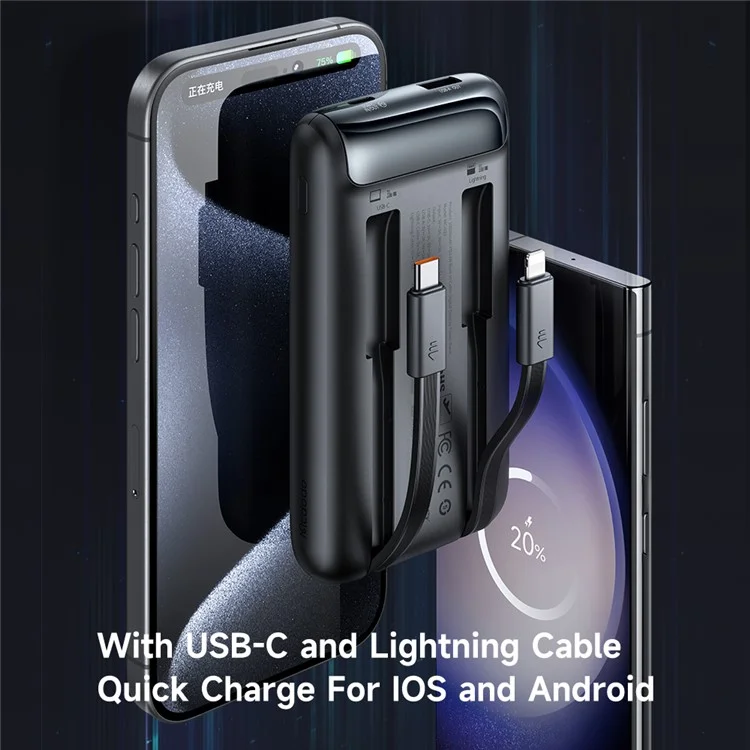 MCDODO MC-0231 Youth Series 33W 10000mAh Power Bank con display digitale, cavo integrato Type-C + 8Pin per carica del telefono - Nero