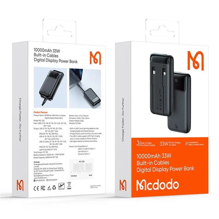 MCDODO MC-0231 Youth Series 33W 10000mAh Power Bank con display digitale, cavo integrato Type-C + 8Pin per carica del telefono - Nero
