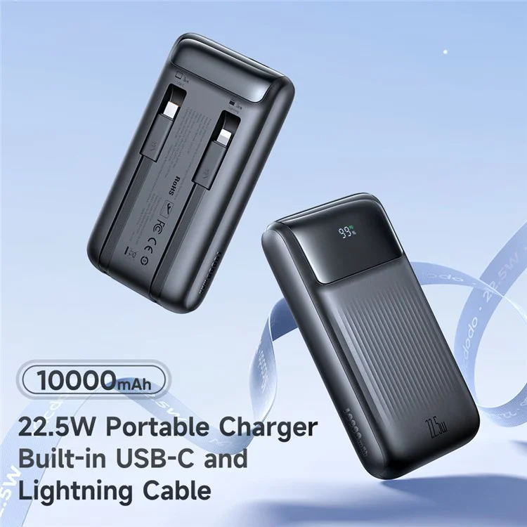 MCDODO MC-0241 Serie Juvenil 22.5W 10000mah Pantalla Digital Power Bank Tipo c + 8pin Teléfono Cable Cargador - Negro