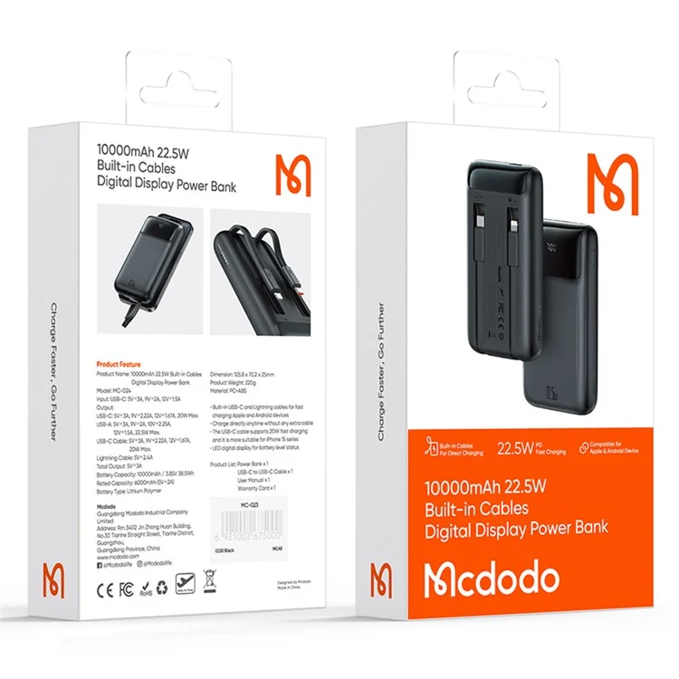 MCDODO MC-0241 Serie Juvenil 22.5W 10000mah Pantalla Digital Power Bank Tipo c + 8pin Teléfono Cable Cargador - Negro