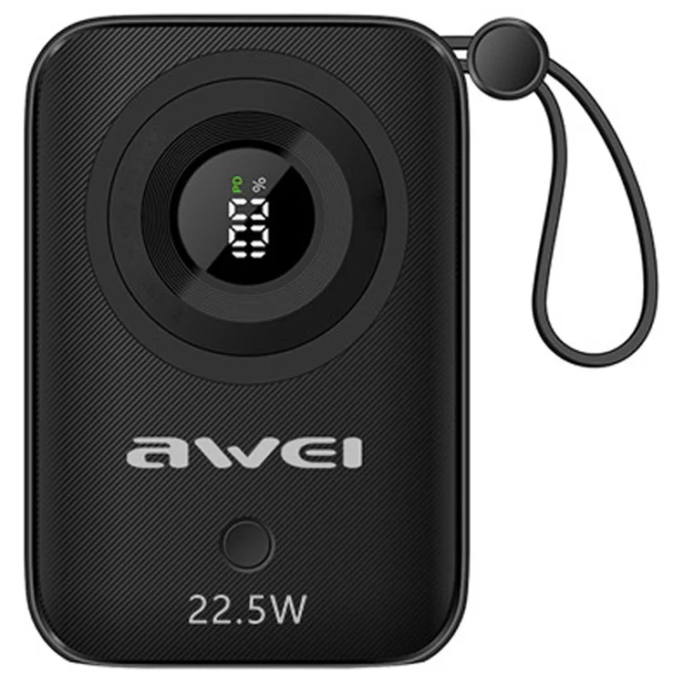 AWEI P23K 10000mAh Digital Display Mini Power Bank Built-In with Type-C + iP Cables - Black
