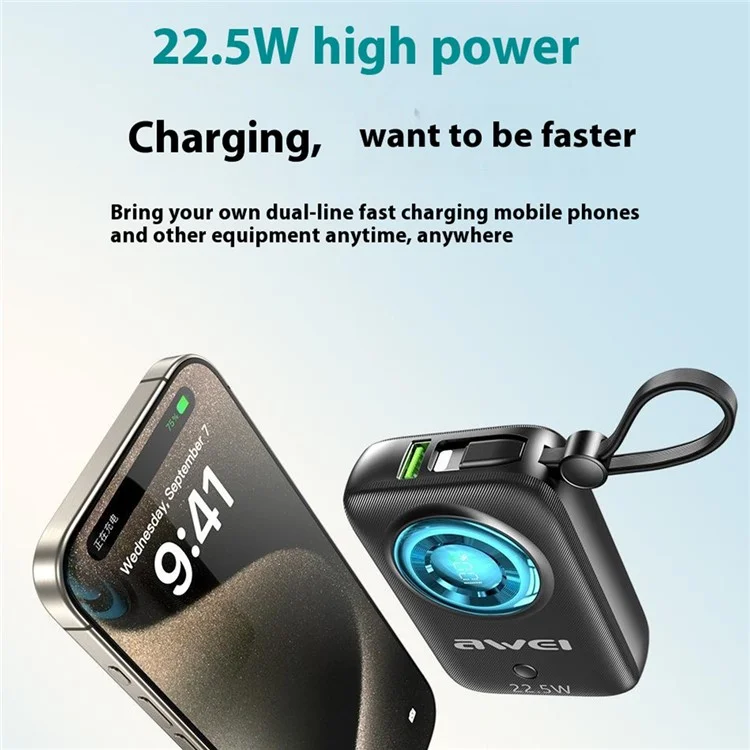 AWEI P23K 10000mAh Digital Display Mini Power Bank Built-In with Type-C + iP Cables - Black