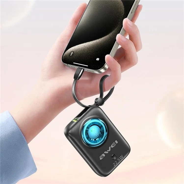 AWEI P23K 10000mAh Digital Display Mini Power Bank Built-In with Type-C + iP Cables - Black