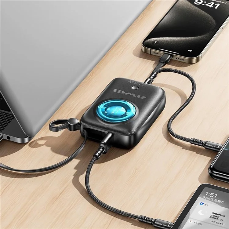 AWEI P23K 10000mAh Digital Display Mini Power Bank Built-In with Type-C + iP Cables - Black