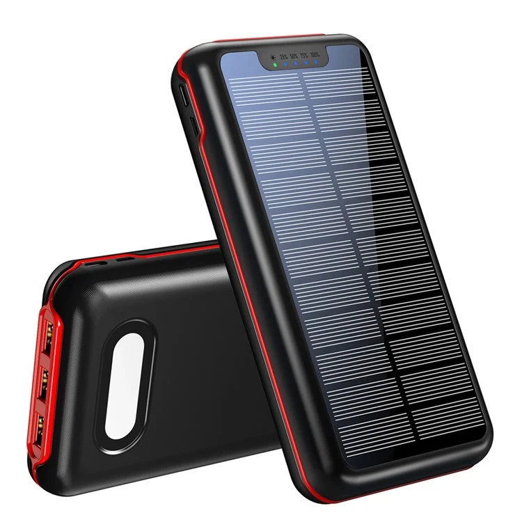 YD-887S 20000mAh Solar Power Bank 3xUSB Output LED Camping Light Phone Charger - Schwarz / Rot