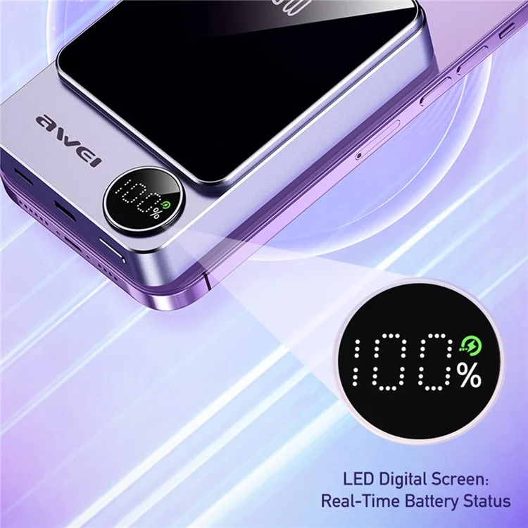 AWEI P39K 10000mAh Mini Phone Charger Magnetic Wireless Charging Power Bank with Digital Display