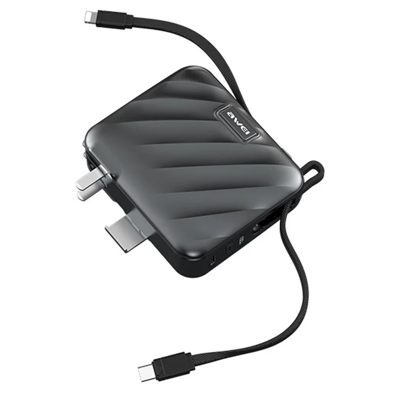 AWEI P83k 15000mAh Power Bank with AC Plug Built-in Type-C + iP Cables Portable Battery Pack - Black