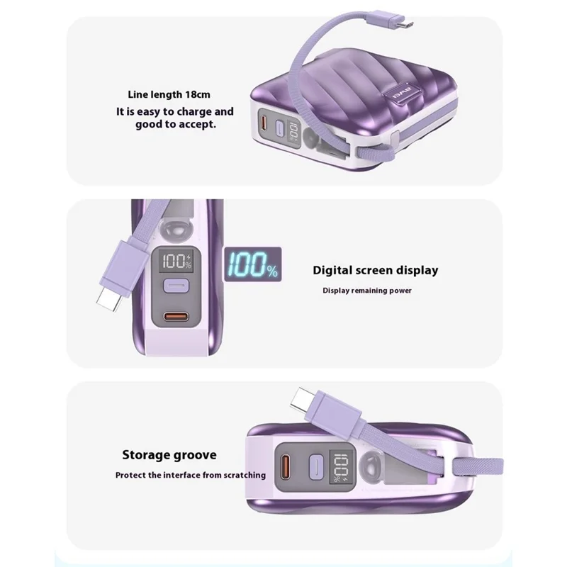 AWEI P83k 15000mAh Power Bank with AC Plug Built-in Type-C + iP Cables Portable Battery Pack - Black