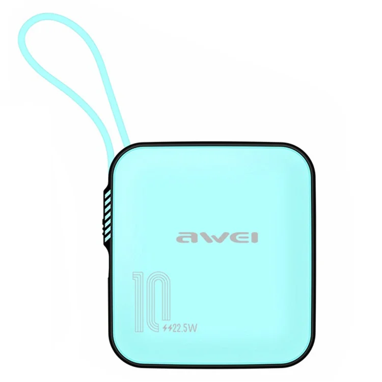 AWEI P86K 10000mAh 22.5W Power Bank Portable Phone Charger with Built-In Type-C Cable - Lake Blue