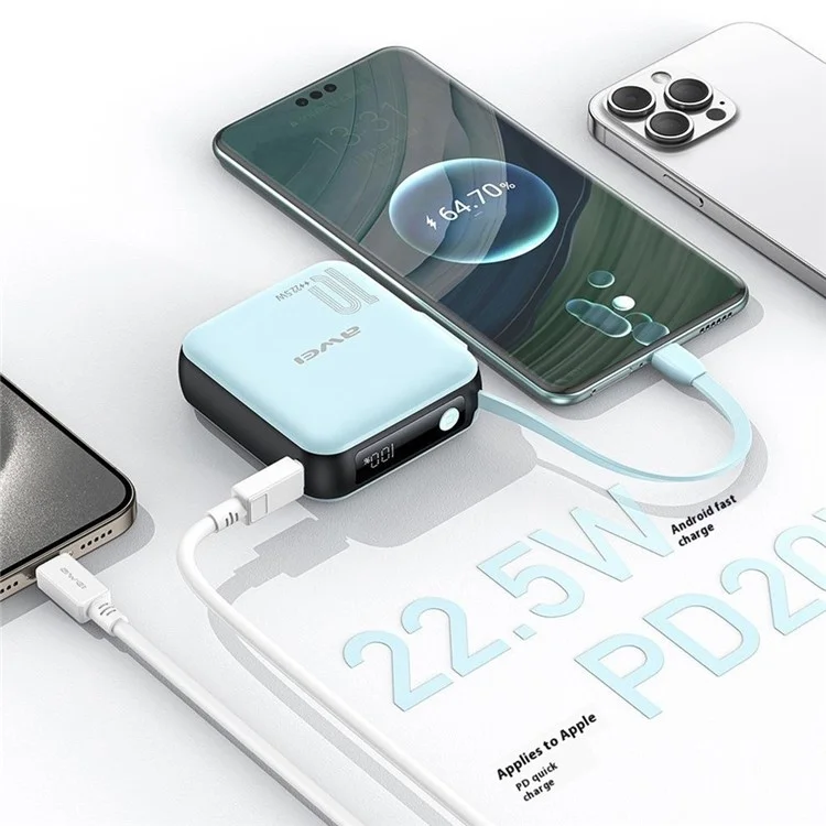 AWEI P86K 10000mAh 22.5W Power Bank Portable Phone Charger with Built-In Type-C Cable - Lake Blue