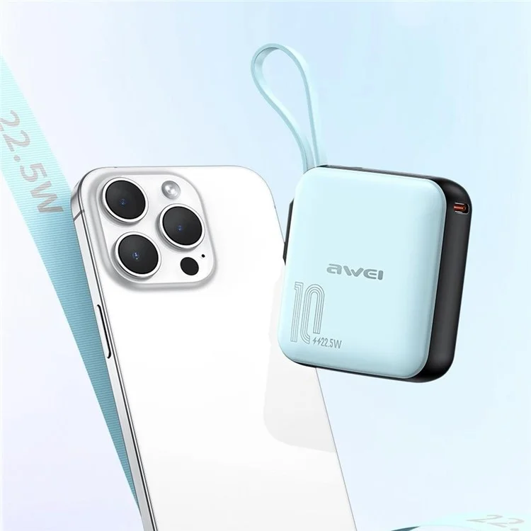 AWEI P86K 10000mAh 22.5W Power Bank Portable Phone Charger with Built-In Type-C Cable - Lake Blue