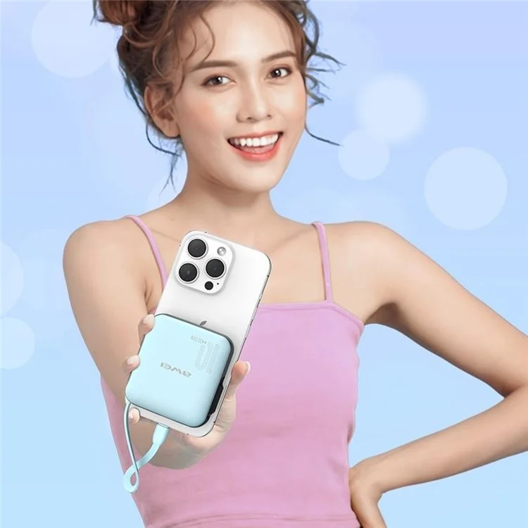 AWEI P86K 10000mAh 22.5W Power Bank Portable Phone Charger with Built-In Type-C Cable - Lake Blue