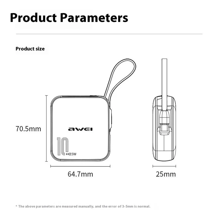 AWEI P86K 10000mAh 22.5W Power Bank Portable Phone Charger with Built-In Type-C Cable - Lake Blue