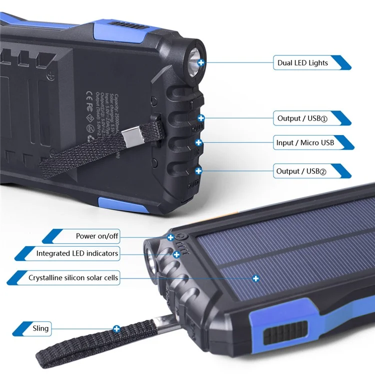 TS-819 Outdoor Wasserdichte 20000mah Solar Power Bank Dual USB Telefon Ladegerät Externe Batterie Mit Led-taschenlampe - Orange