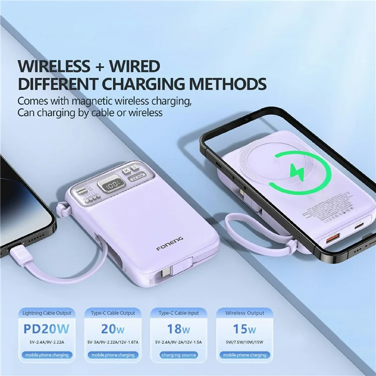 Foneng PX112 15W Wireless Magnetica Carica Veloce da 10000 Mah Power Bank Ip+type-c Cavi - Viola Chiaro