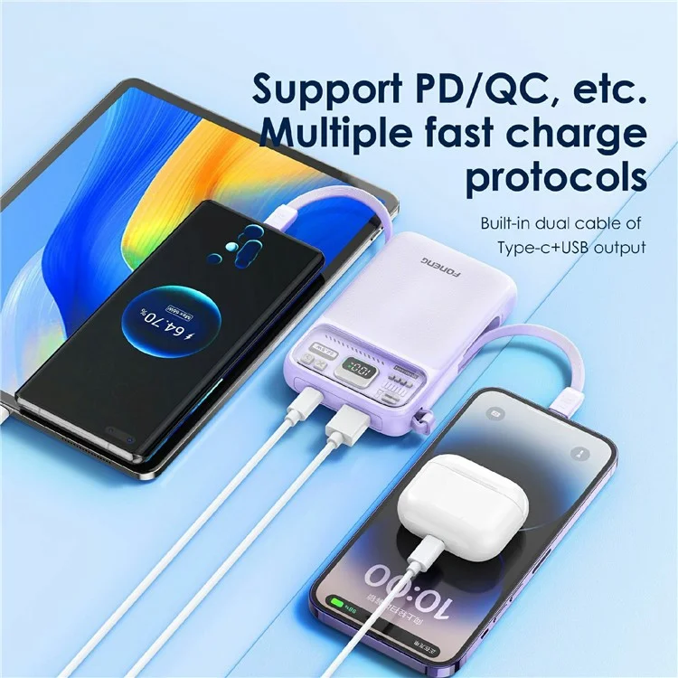 Foneng PX112 15W Wireless Magnetica Carica Veloce da 10000 Mah Power Bank Ip+type-c Cavi - Viola Chiaro