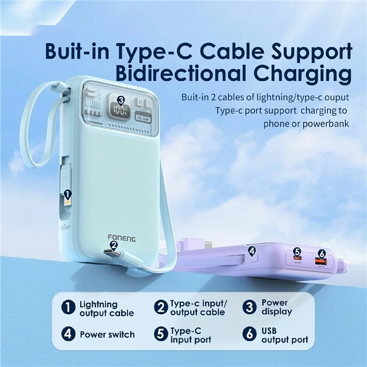Foneng PX112 15W Wireless Magnetica Carica Veloce da 10000 Mah Power Bank Ip+type-c Cavi - Viola Chiaro