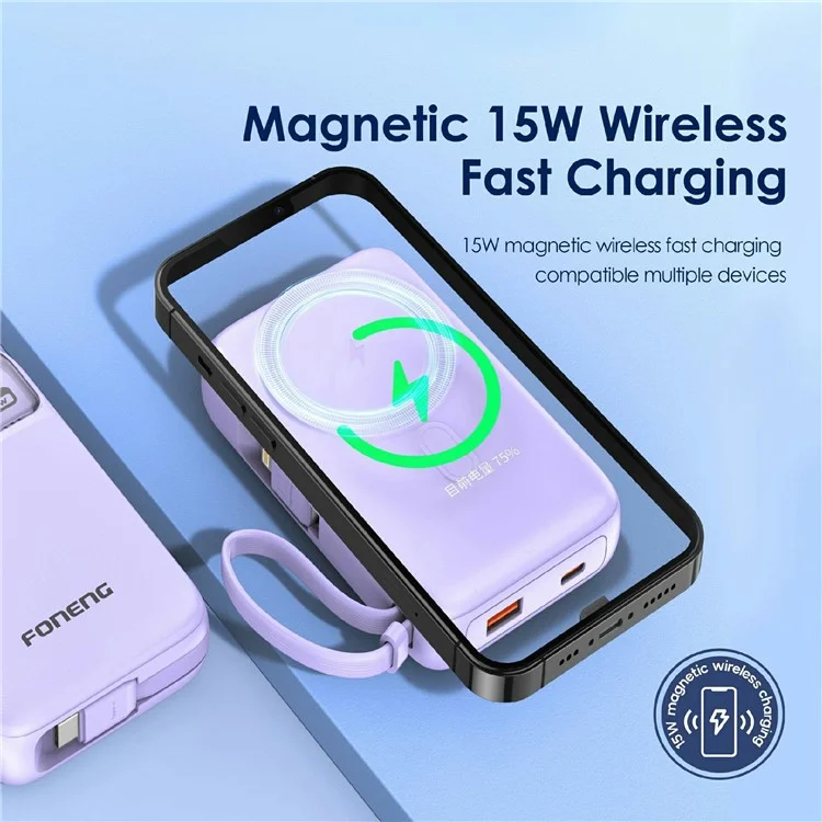 Foneng PX112 15W Wireless Magnetica Carica Veloce da 10000 Mah Power Bank Ip+type-c Cavi - Viola Chiaro