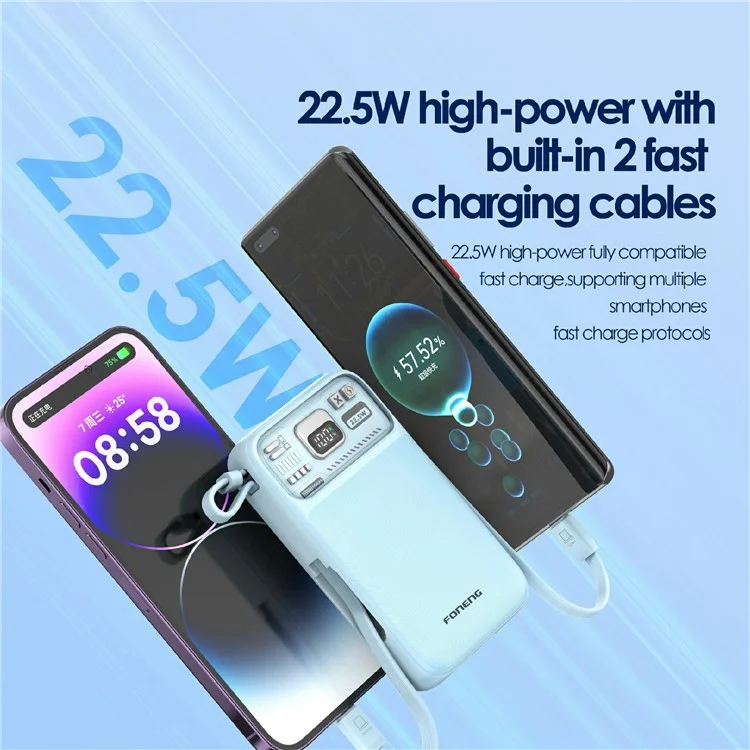 Foneng PX112 15W Wireless Magnetica Carica Veloce da 10000 Mah Power Bank Ip+type-c Cavi - Viola Chiaro