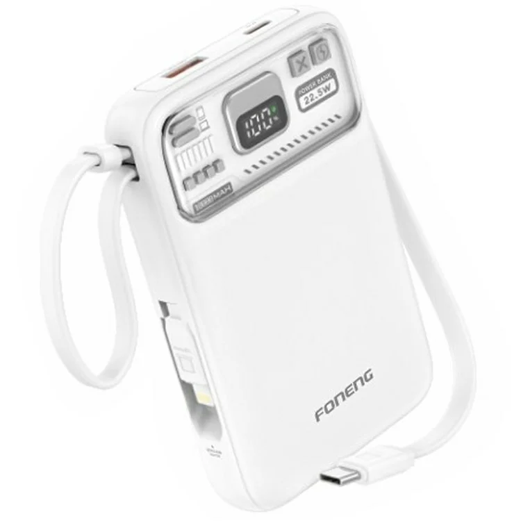 FONENG PX112 15W Wireless Magnetic Fast Charging 10000mAh Power Bank Built-in iP+Type-C Cables - White