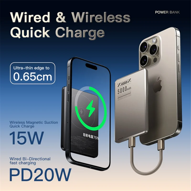 X6 Aluminum Alloy Ultra-thin Magnetic Phone Wireless Charger Power Bank - Grey