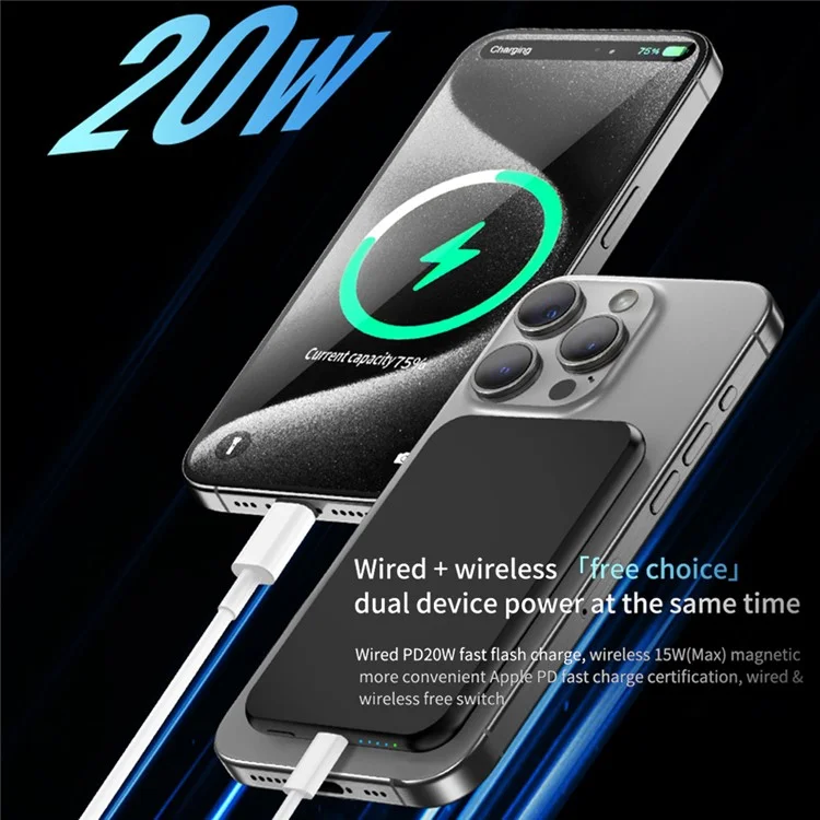 T49 Aluminum Alloy Ultra-Thin 5000mAh Magnetic Phone Wireless Charger Power Bank - Black
