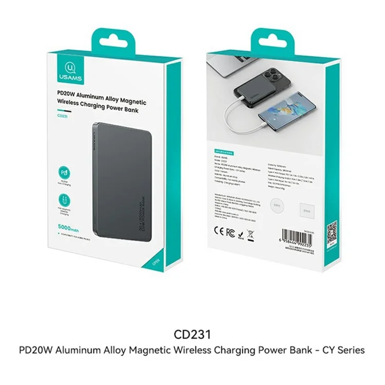 USAMS CD231 Chargeur Portable PD 20W Banque D'alimentation Sans Fil Magnétique 5000mAh Slim Battery Pack Charger - Blanc