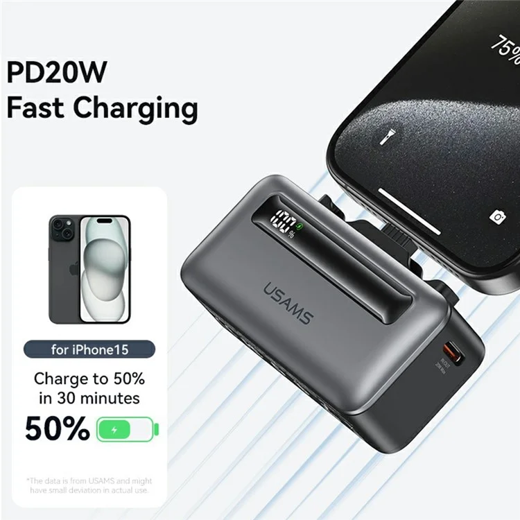 USAMS CD233 PD 20W Mini Chargeur Portable Type-c + 8pin Double Ports 4500mAh Banque D'alimentation - Ternir