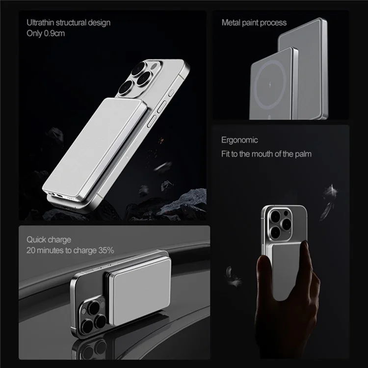 OJD-126 Ultra Thin 5000mAh Power Bank Portable Magnetic Wireless Charging Battery Pack - Silver