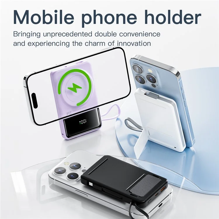 Q18 35W 10000mAh Power Bank Magnetic Phone Wireless Charger with Type-C / iP Cable - Purple