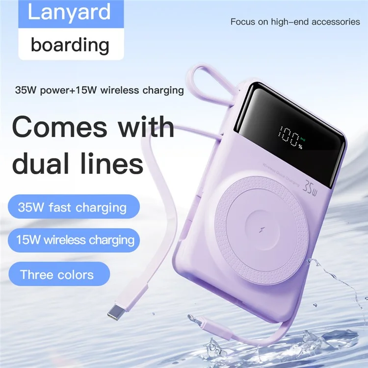 Banque d'alimentation Q18 35W 20000mAh Chargeur sans fil magnétique pour téléphone avec câble Type-C / iP - Violet