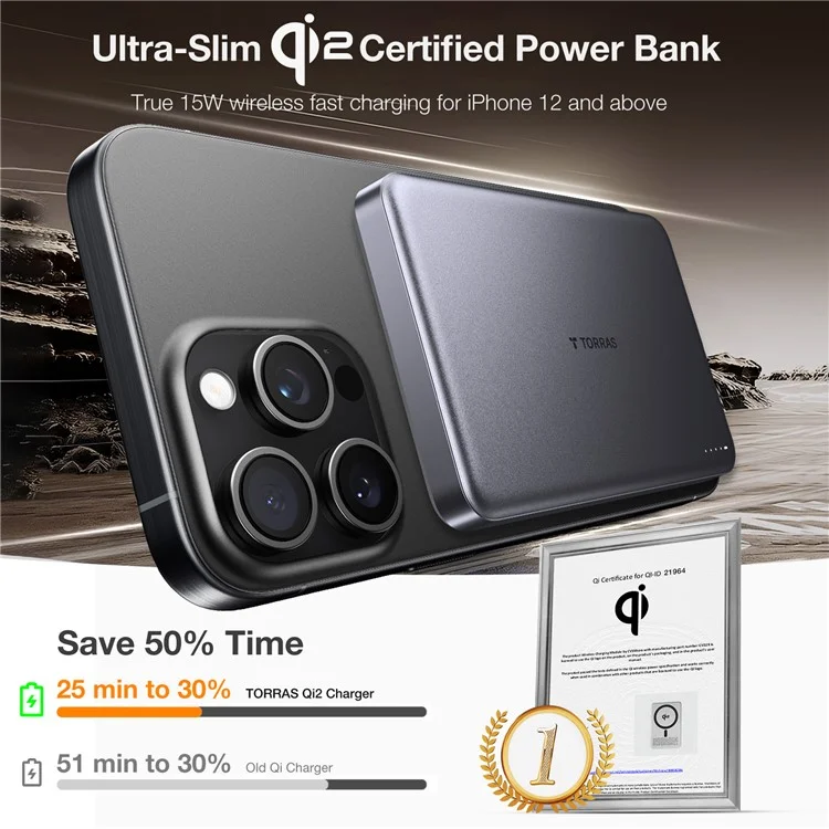 TORRAS Minimag 10000mAh Portable Power Bank Compatible with MagSafe Wireless Charger Power Bank with Qi2 Certification