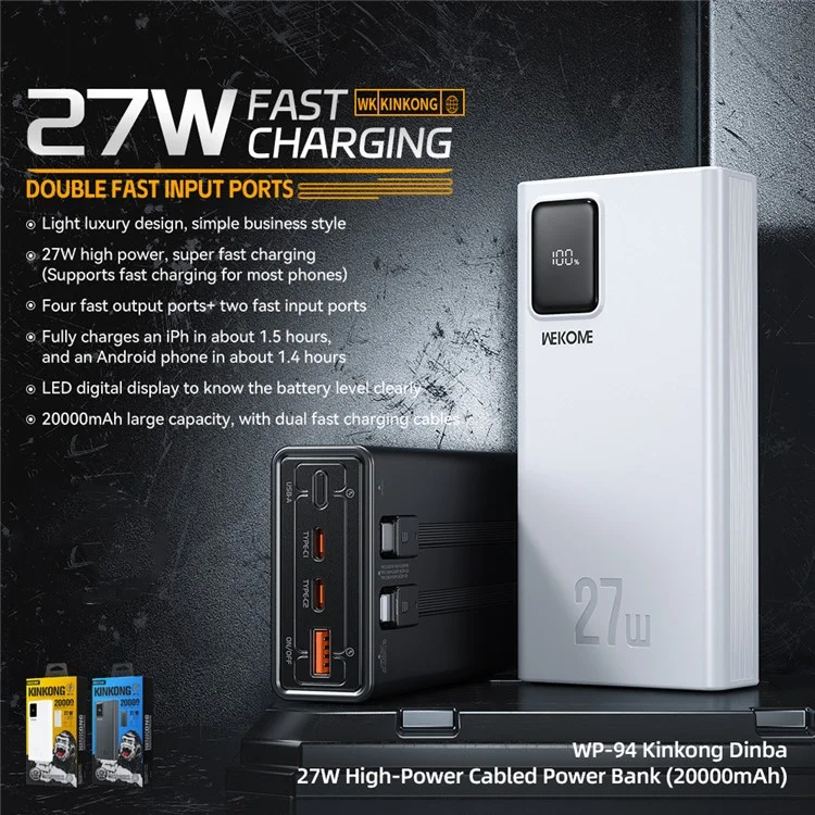 WEKOME WP-94 Kinkong Dinba 27W High-Power Super Fast Charging Power Bank with 2 Cables (20000mah) - Black