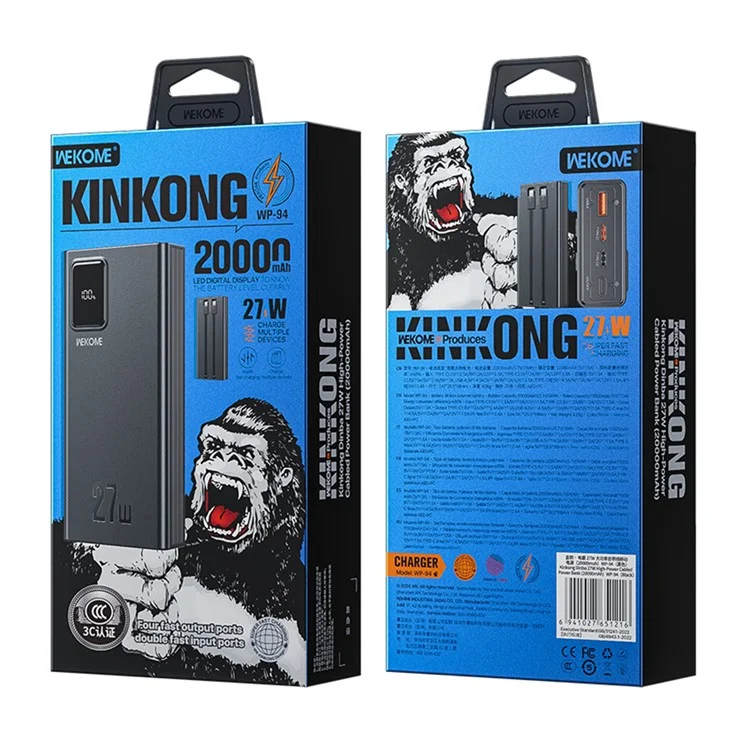 WEKOME WP-94 Kinkong Dinba 27W High-Power Super Fast Charging Power Bank with 2 Cables (20000mah) - Black
