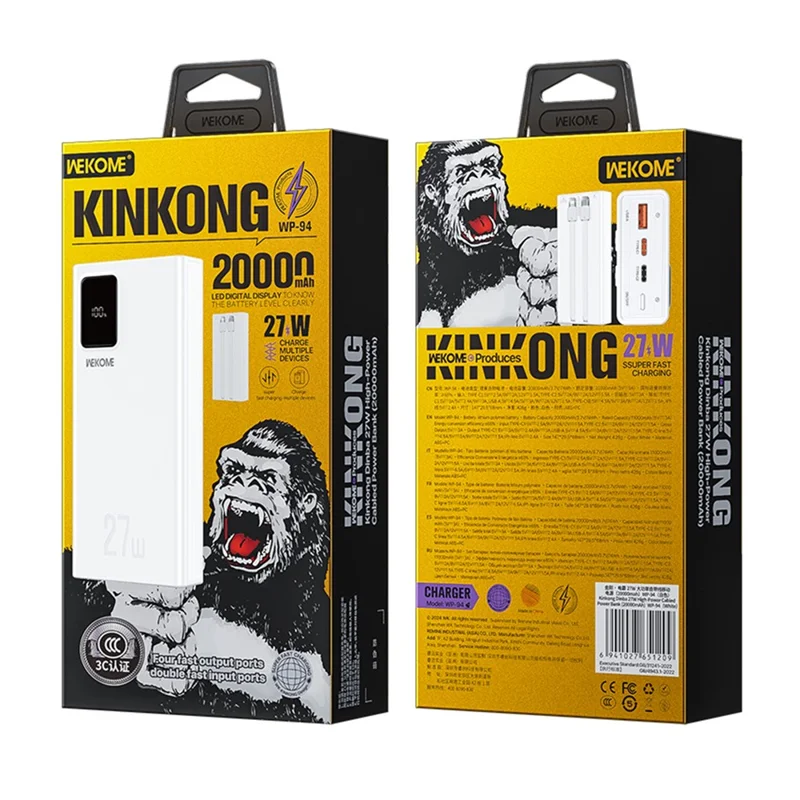 WEKOME WP-94 Kinkong Dinba 27W High-Power Super Fast Charging Power Bank with 2 Cables (20000mah) - White