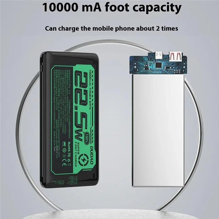 DUDAO K12PQ 10000mAh Power Bank Portable Phone Charger External Battery - Black