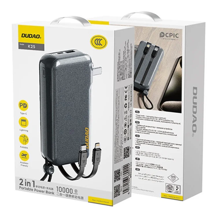 DUDAO K25 Power Bank portatile da 10000mAh con ricarica rapida a 22.5W, caricatore CA con cavi integrati iP + Type-C