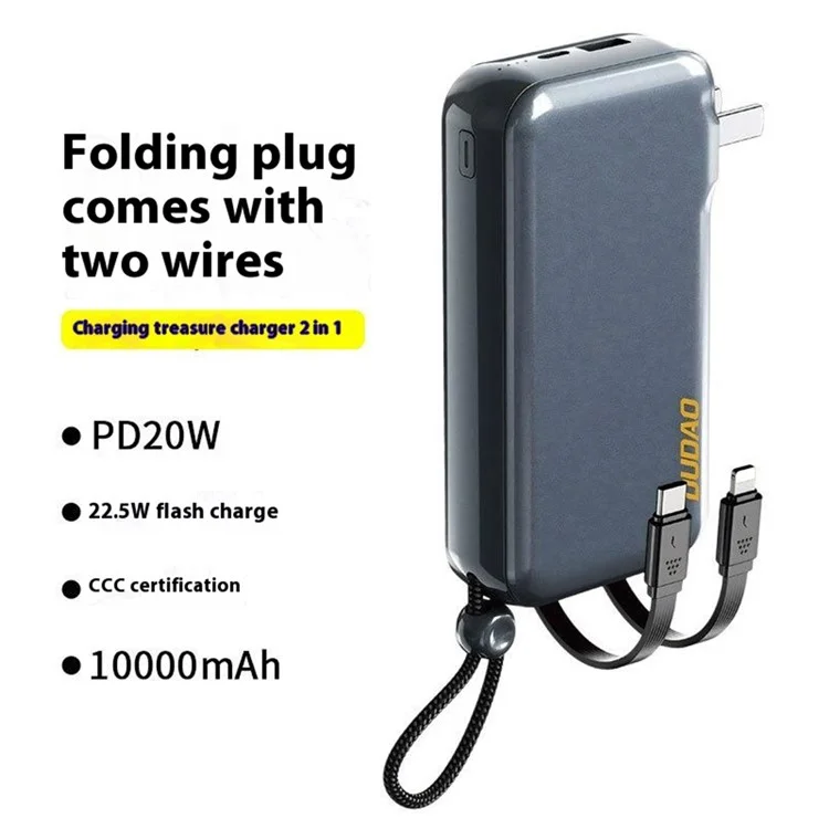 DUDAO K25 Power Bank portatile da 10000mAh con ricarica rapida a 22.5W, caricatore CA con cavi integrati iP + Type-C