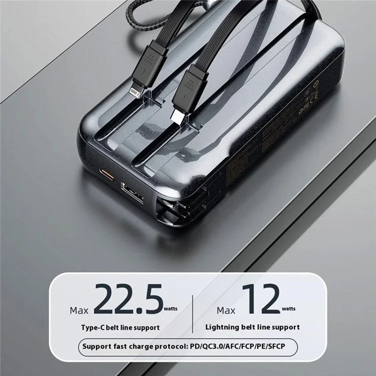 DUDAO K25 Power Bank portatile da 10000mAh con ricarica rapida a 22.5W, caricatore CA con cavi integrati iP + Type-C