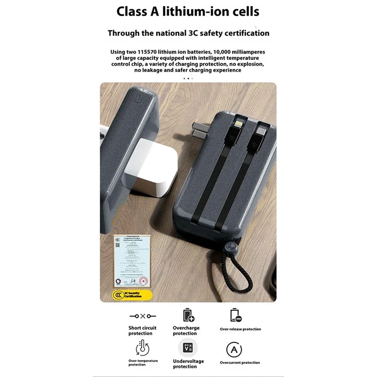DUDAO K25 Power Bank portatile da 10000mAh con ricarica rapida a 22.5W, caricatore CA con cavi integrati iP + Type-C
