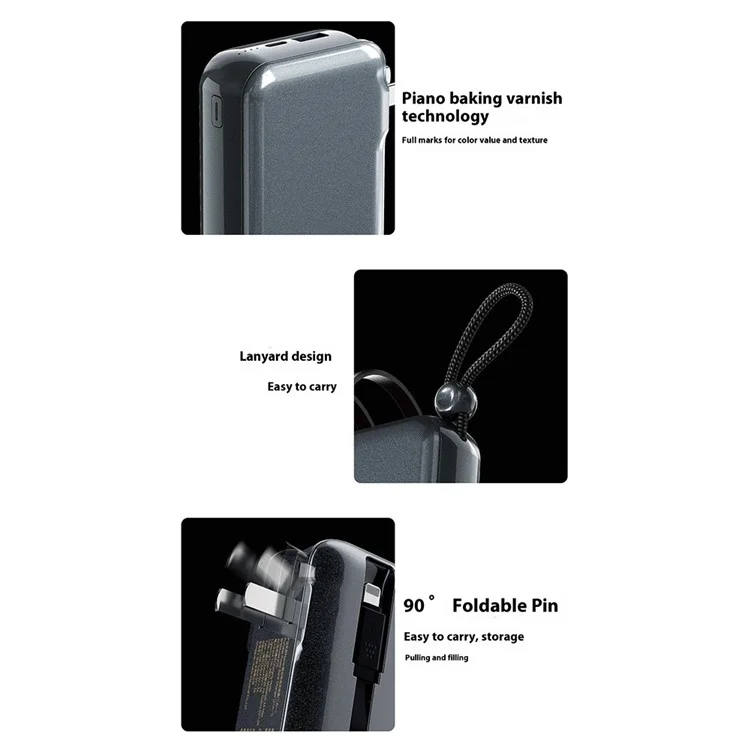DUDAO K25 Power Bank portatile da 10000mAh con ricarica rapida a 22.5W, caricatore CA con cavi integrati iP + Type-C