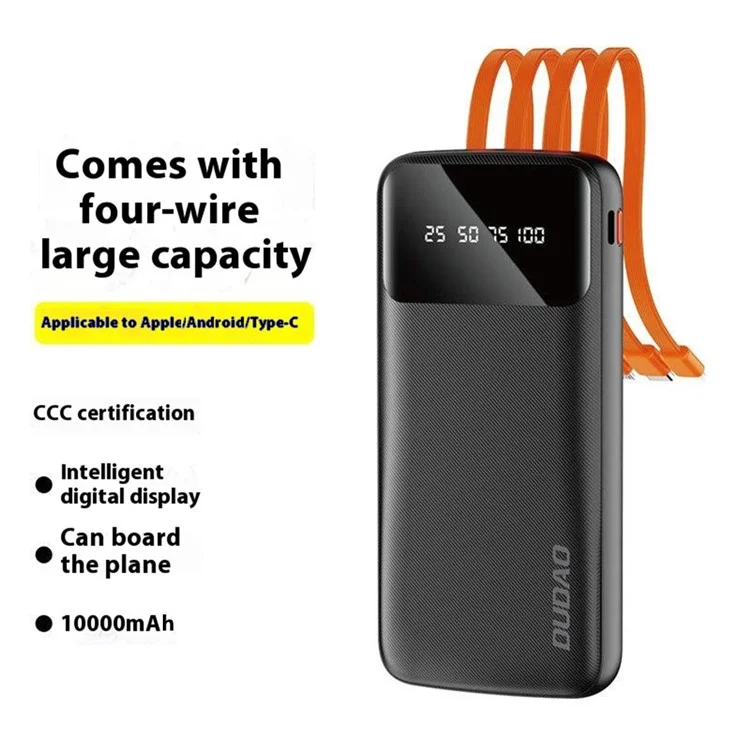 DUDAO K6Pro 10000mAh Power Bank Phone External Battery with Built-In 4 Cables - Black