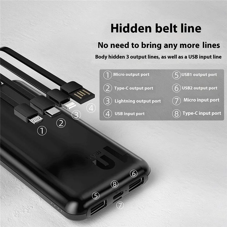 DUDAO K6Pro 10000mAh Power Bank Phone External Battery with Built-In 4 Cables - Black