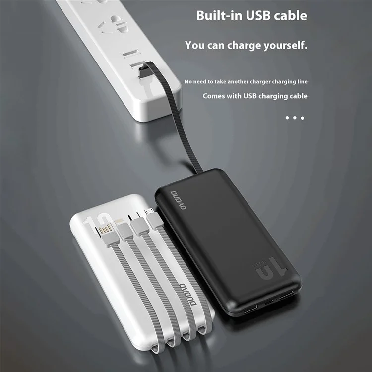 DUDAO K6Pro 10000mAh Power Bank Phone External Battery with Built-In 4 Cables - Black