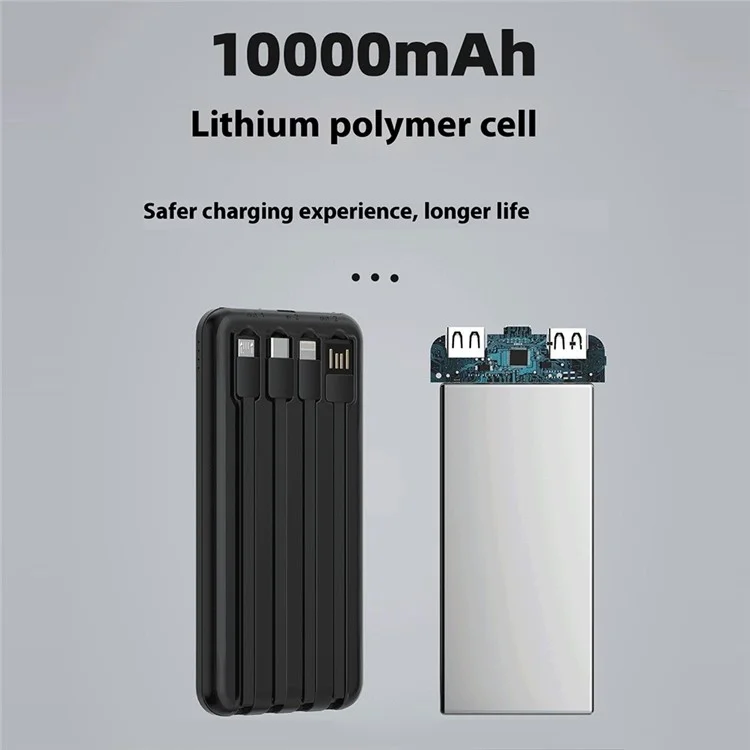 DUDAO K6Pro 10000mAh Power Bank Phone External Battery with Built-In 4 Cables - Black