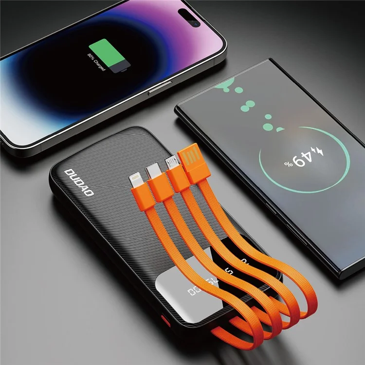 DUDAO K6Pro 10000mAh Power Bank Phone External Battery with Built-In 4 Cables - Black